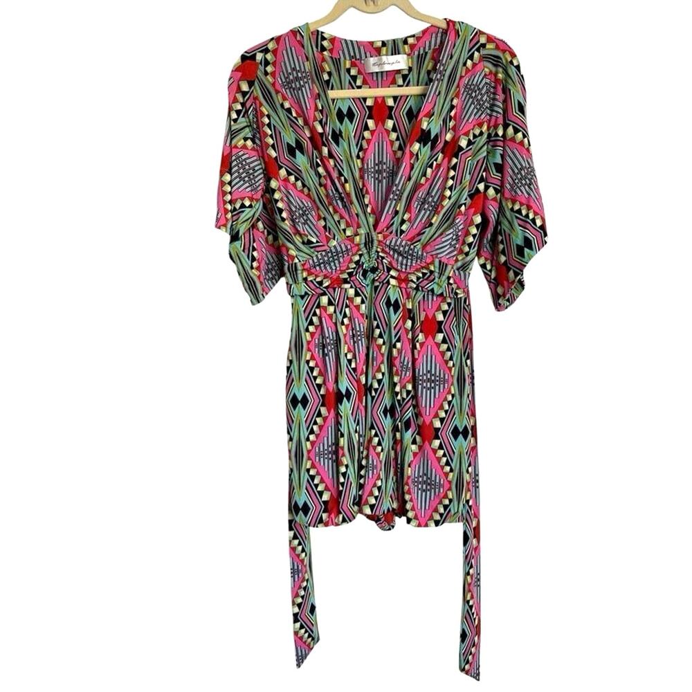 T Bags Los Angeles Romper Womens Small Multicolor V-Neck Tie Sash 70s Bohemian